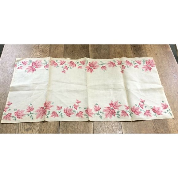 Vintage Table Runner Dresser Scarf Pink Leaves Border Rectangle - Picture 1 of 9